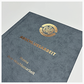 Abschlussarbeiten im Hardcover Kunstleder Graue Bindemappe mit Coverdruck in Roségold