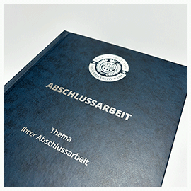 Abschlussarbeiten im Hardcover Kunstleder Blaue Kunstledermappe mit Coverdruck in Silber