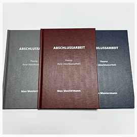 Abschlussarbeiten im Hardcover Leinenstruktur Ansicht der Bindemappen Leinenstruktur in Grau, Bordeauxrot und Blau mit Zeilenbeschriftung in Silber