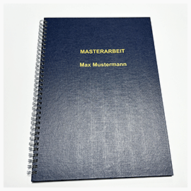 Abschlussarbeiten im Hardcover mit Drahtringbindung Blaues Hardcover mit Leinenstruktur und Coverbeschriftung in Gold