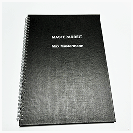 Abschlussarbeiten im Hardcover mit Drahtringbindung Schwarzes Hardcover mit Leinenstruktur und Coverbeschriftung in Silber